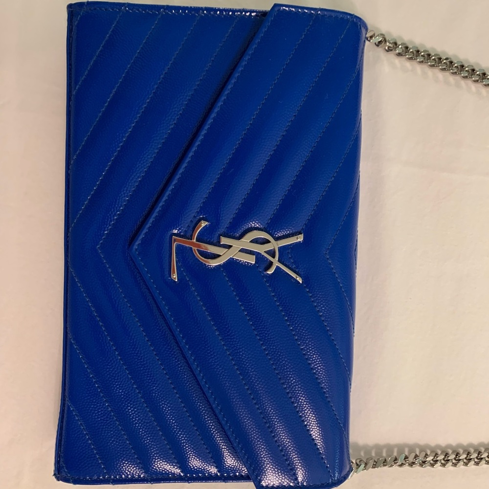 YSL Saint Laurent Patent Electric Blue Matelasse Wallet on Chain - Picture 1 of 11